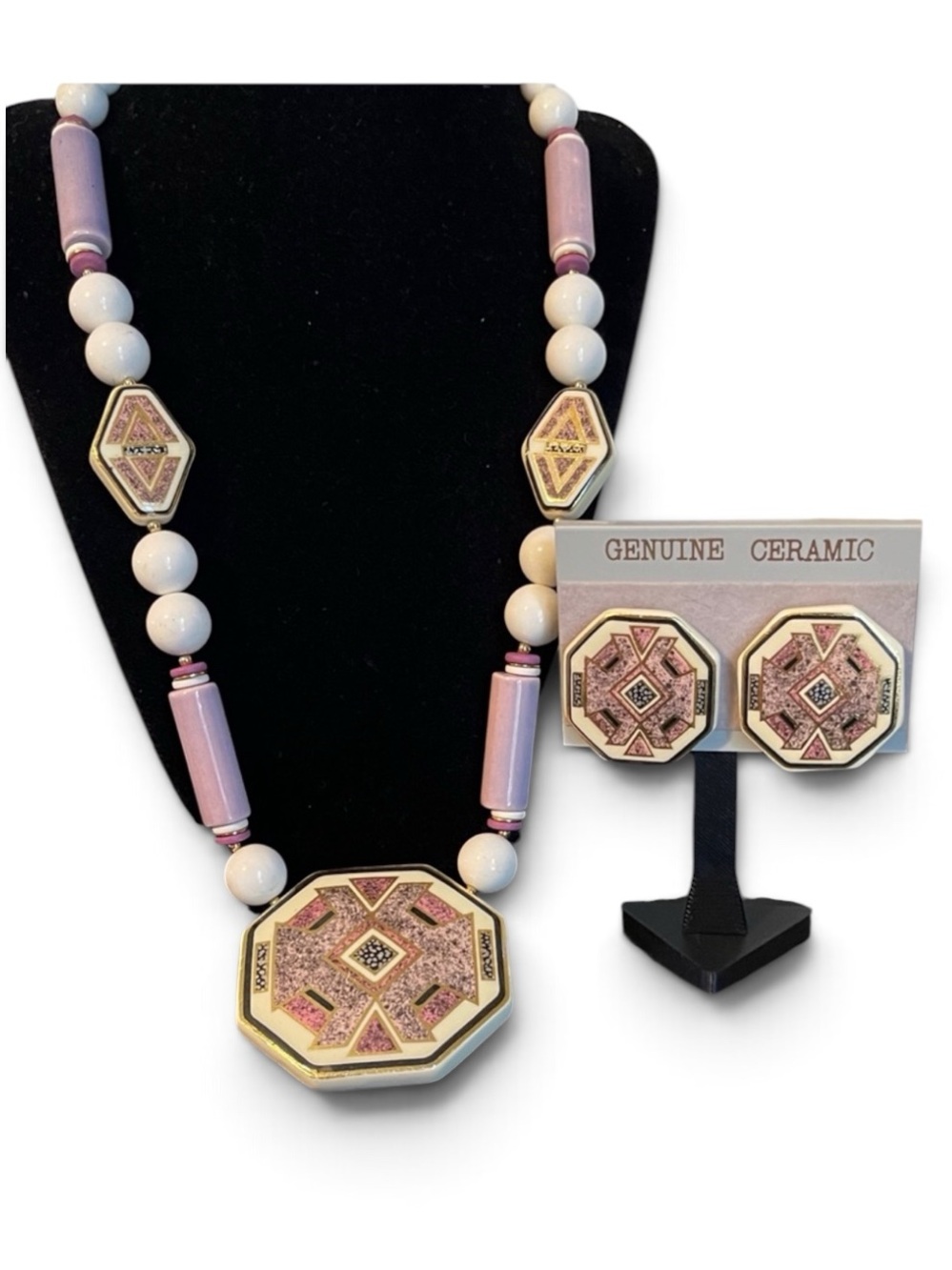 Vintage Japan Genuine Ceramic Geometric Necklace & Earring Set